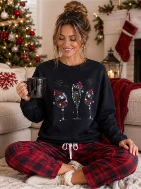 Christmas Cheers Black Holiday Sweatshirt – Festive Wine Graphic – Size Large